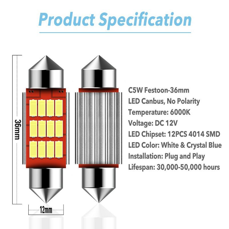 Lampu Led Plafon Mobil 36 Mm Canbus 12 Smd Mata Kabin Cabin Interior Mobil Festoon Feston Heatsink