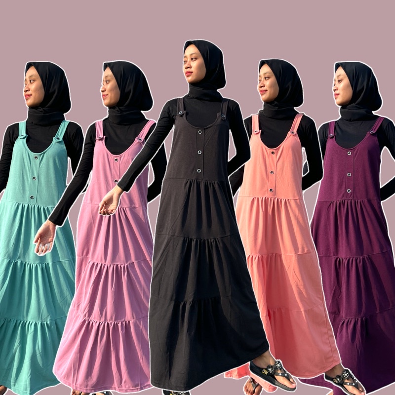 OVERALL PANJANG WANITA DEWASA BAWAH REMPEL BAJU OUTER TERUSAN MUSLIM ROK REMPEL KEKINIAN BAHAN VOXY MELAR MODEL KANCING