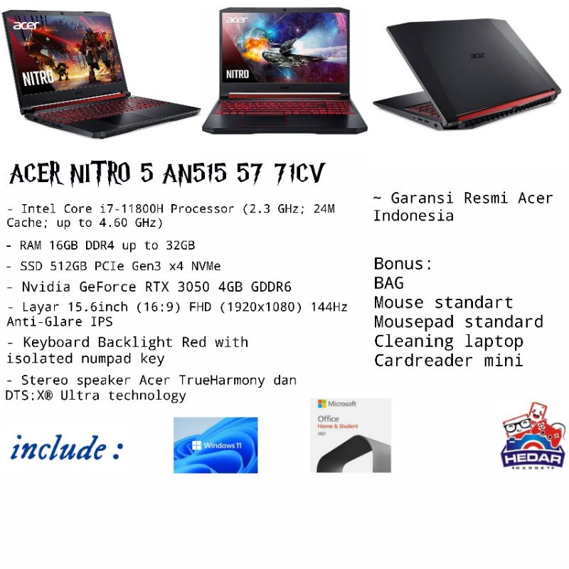 Acer Nitro 5 AN515 i7 11800H 16GB 512GB RTX 3050 4GB OHS W11 FHD 144Hz