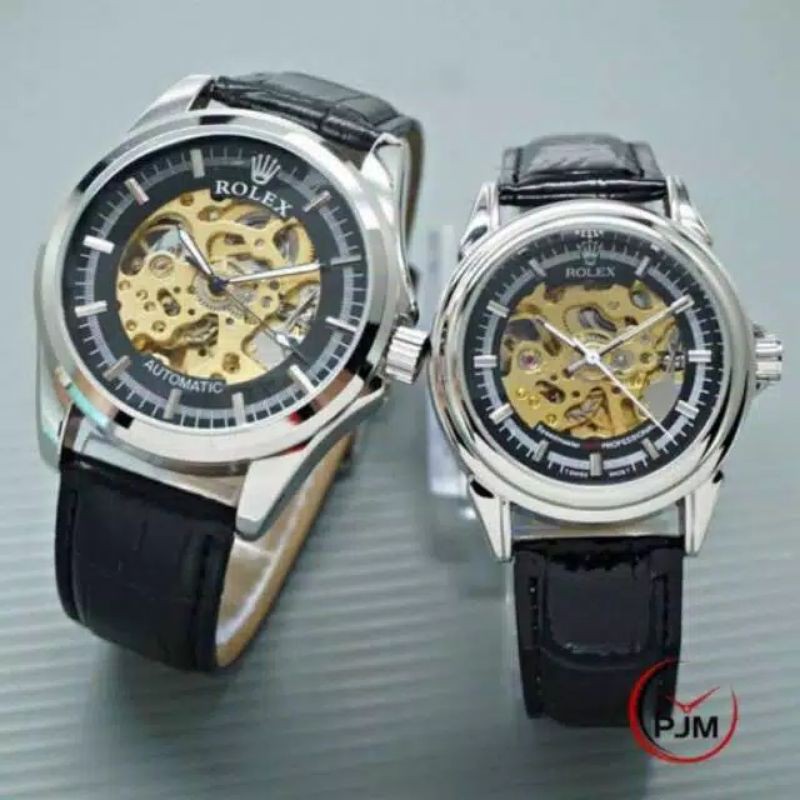 Jam Tangan Rolex automatic Couple | Tali Kulit | Jam Tangan Otomatis | Matic Skeleton Transparan