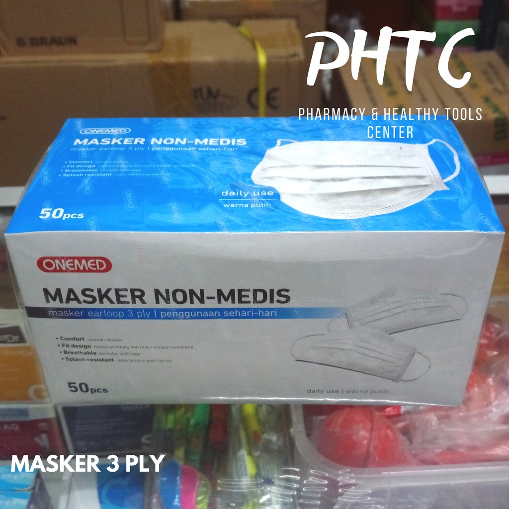 Masker Karet Putih OneMed box 50pcs / Masker 3 Ply 3Ply isi 50 earloop