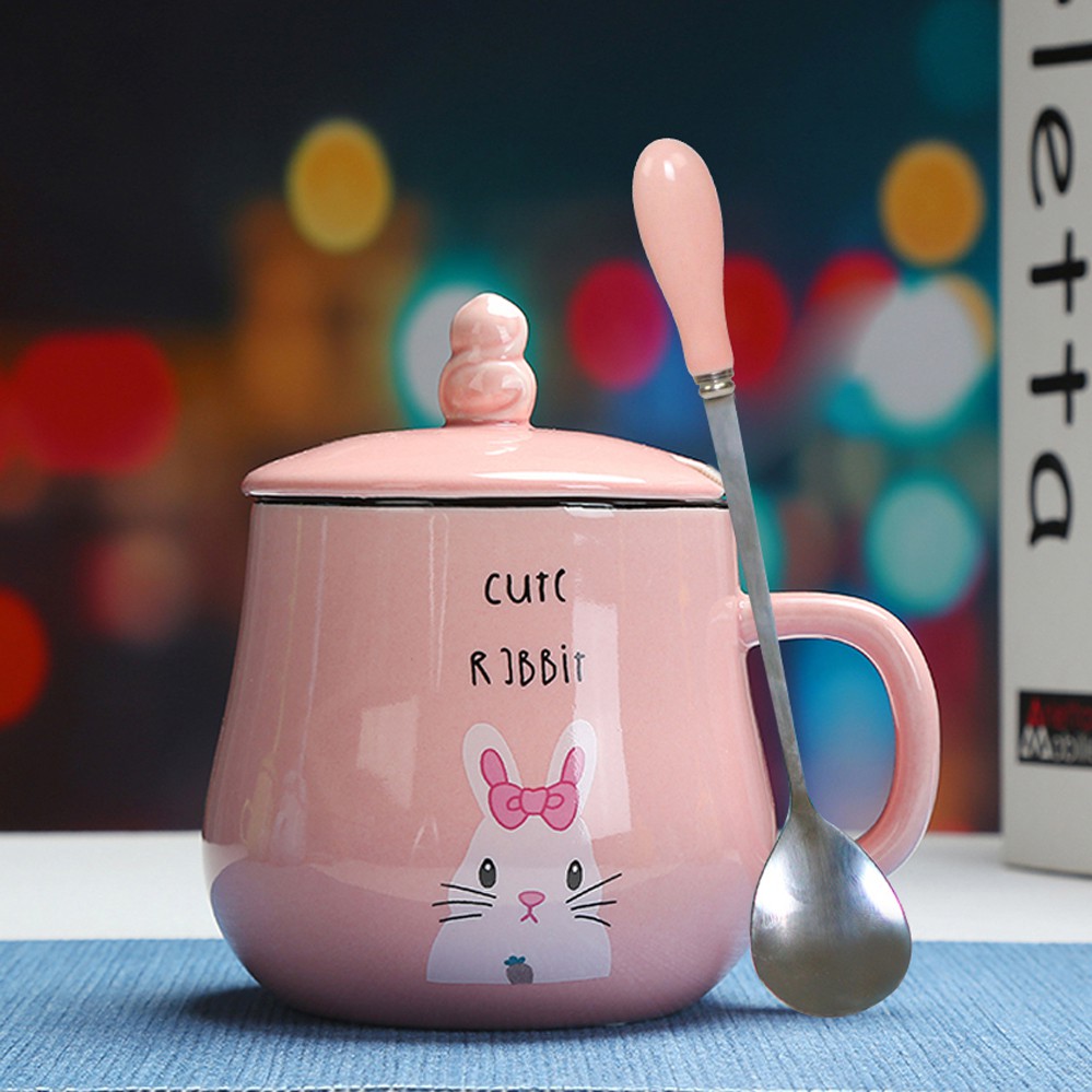 Gelas Mug Cangkir Keramik Motif Kartun Gaya Korea Dengan Tutup Sendok Untuk Sarapan