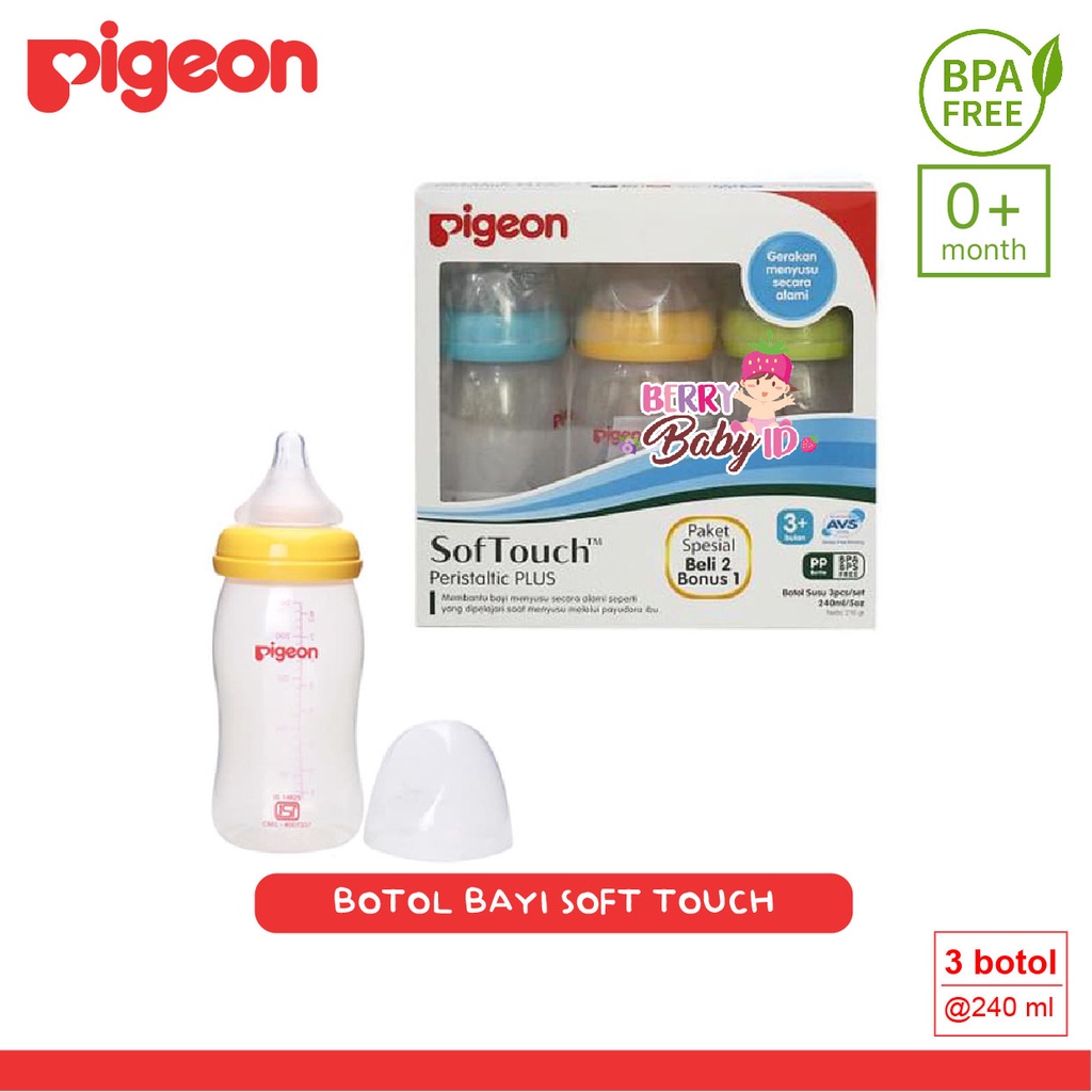 Pigeon Paket Beli 2 Gratis 1 Botol Susu Bayi Soft Touch 240 ml 3m+ Berry Mart