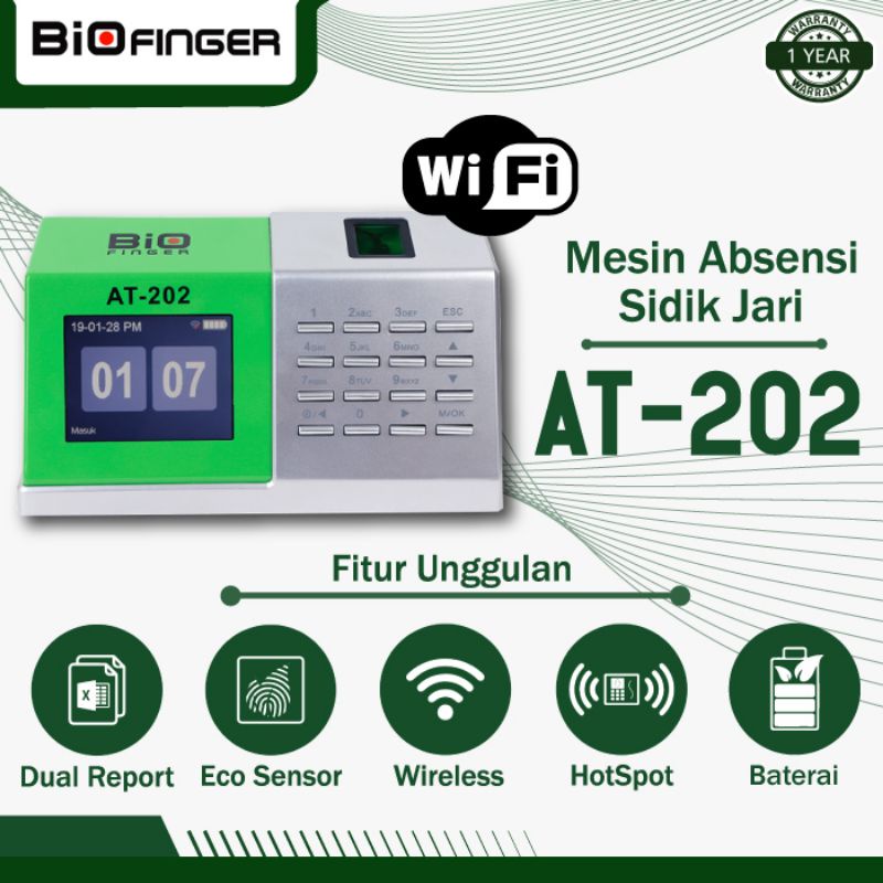 Mesin Absensi Jari BioFinger AT-202, USB Flashdisk, Wireless, Baterai, Excel, Software, Murah