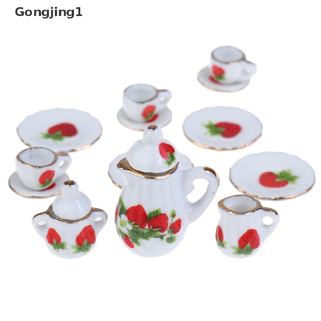 Gongjing1 / 15pcs / Set Mainan Miniatur Piring + Cangkir Keramik Porselen Untuk Aksesoris Rumah Boneka 1: 12