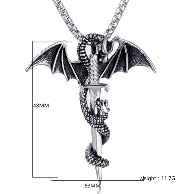 Pria Mode Vintage 316L Stainless Steel Suku Gothic Pterosaurus Pedang Naga Palang Pendant Biker Punk Kalung