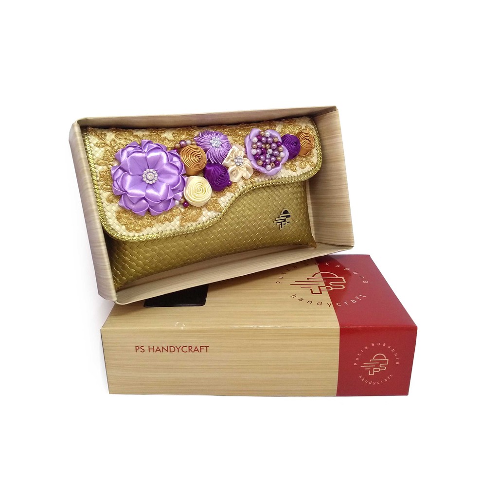 Putra Sukapura Clutch Pesta Cantik Party Clutch Anyaman Gold Purple Dompet Wanita