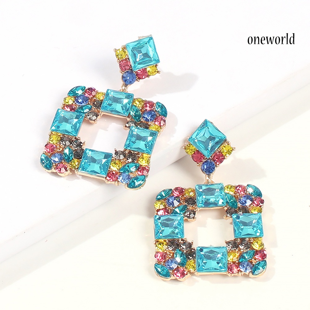 OW# Women Geometric Square Multicolor Rhinestone Eardrop Statement Stud Earrings Gift