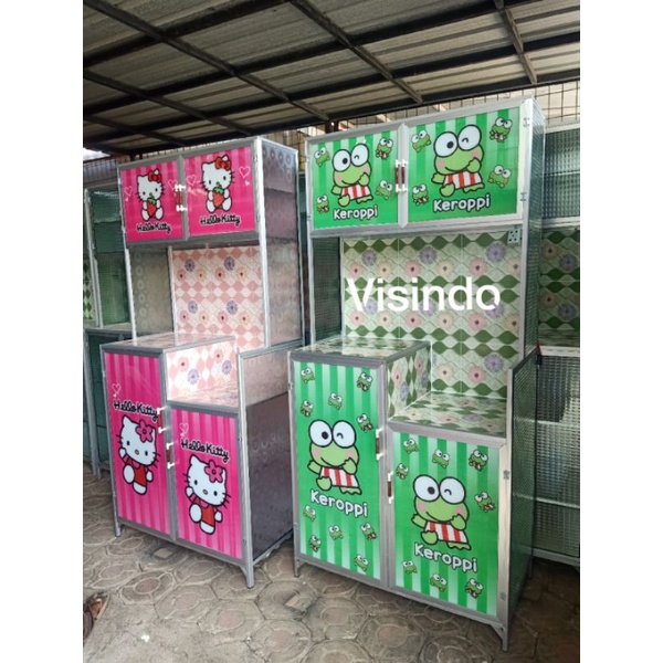 RAK PIRING LEMARI DAPUR ALUMUNIUM  KACA KARAKTER HELLOKITTY,KEROPPI,DORQEMON 2 PINTU