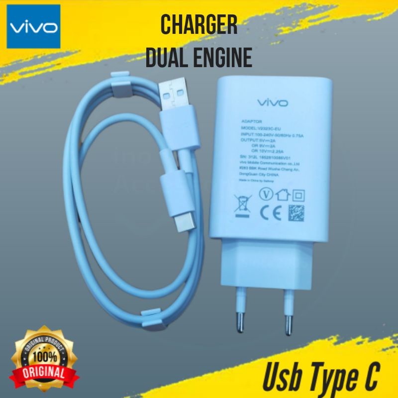 Charger Vivo V19 Original Dual Engine Cargher Type C Casan Hp Android Dua Mesin