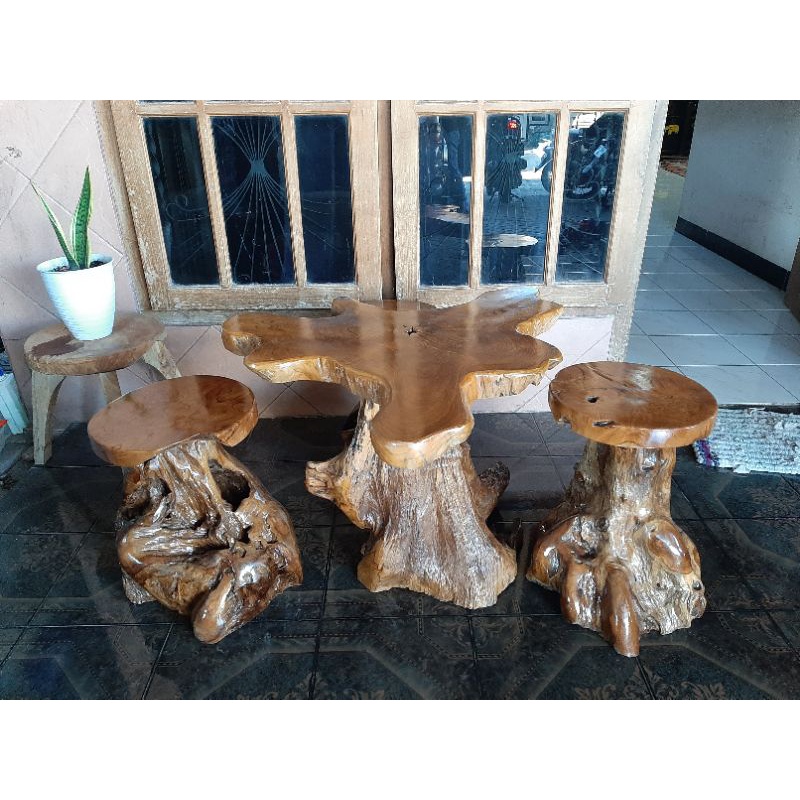 SET MEJA MINIMALIS AKAR JATI / MEJA JATI / MEJA KURSI JATI / KURSI TERAS