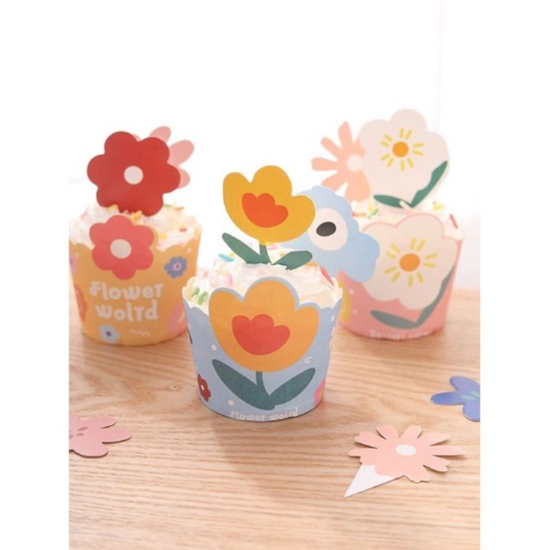 25-PCS MUFFIN CASE BUNGA KAWAII CUPCAKE IMPORT DAN TOPPER BUNGA