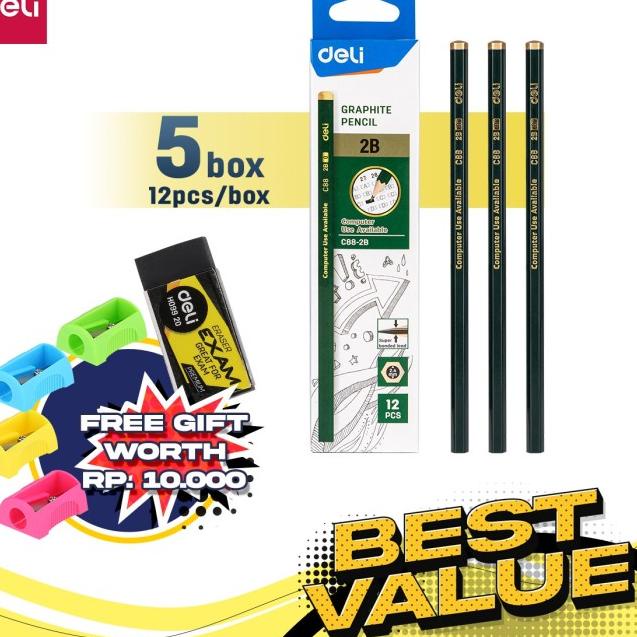 

♤ Deli Combo ATK Ekonomis 60pcs Pensil Kayu 2B Free Rautan+Penghapus ♣
