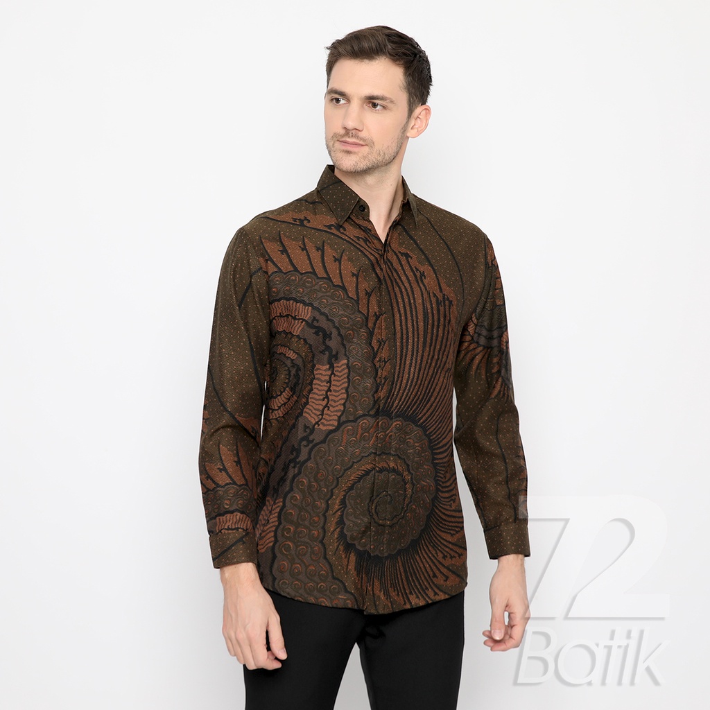 KEMEJA BATIK PRIA LENGAN PANJANG Kemeja Dobby Slimfit Motif Tentaken Warna Hijau Alam Coklat 722556 Cap 72 Baju Kemeja Atasan Pakaian Setelan Batik Pria Cowok Laki Laki Remaja Keluarga Kantor Lengan Panjang Modern Slimfit Slim Fit Premium Kekinian