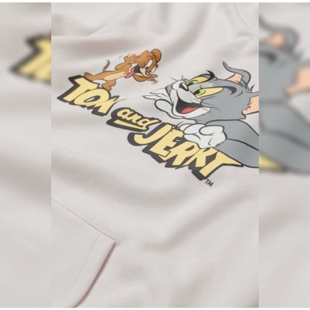 SWEATER HOODIE HM TOM&amp;JERRY CREAM PRINTED FULLTAG HOODIE HNM TERBARU PREMIUM