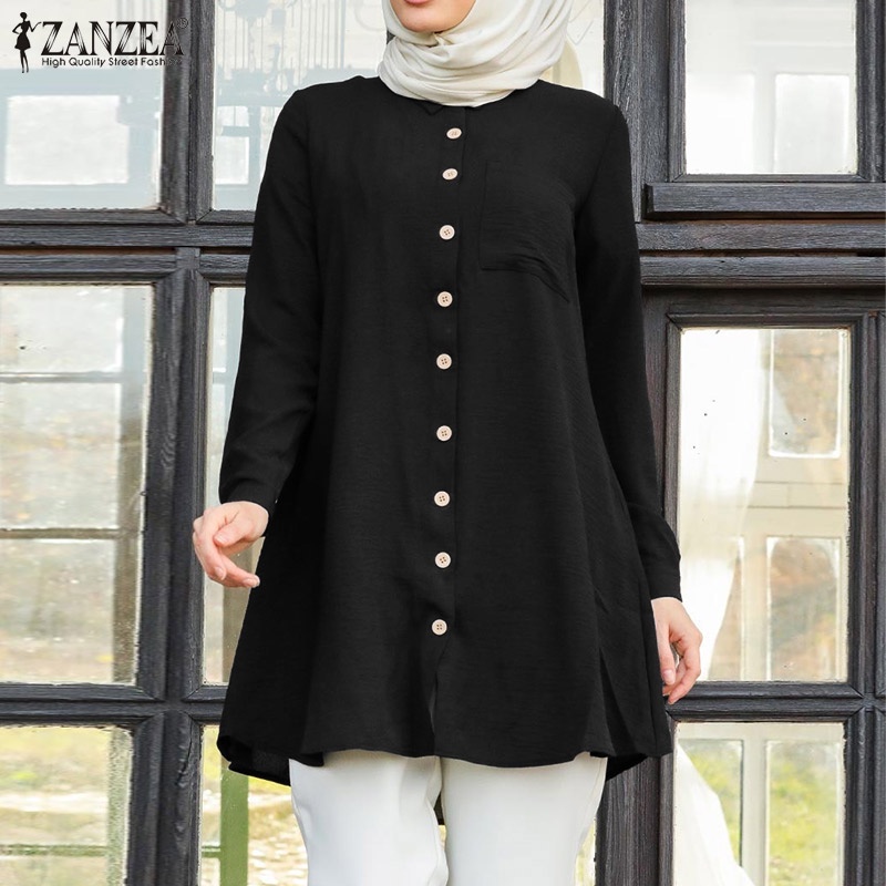 ZANZEA Women Muslim Dubai Tunic Shirt Solid Full Sleeve Casual Loose Holiday Retro Blouse