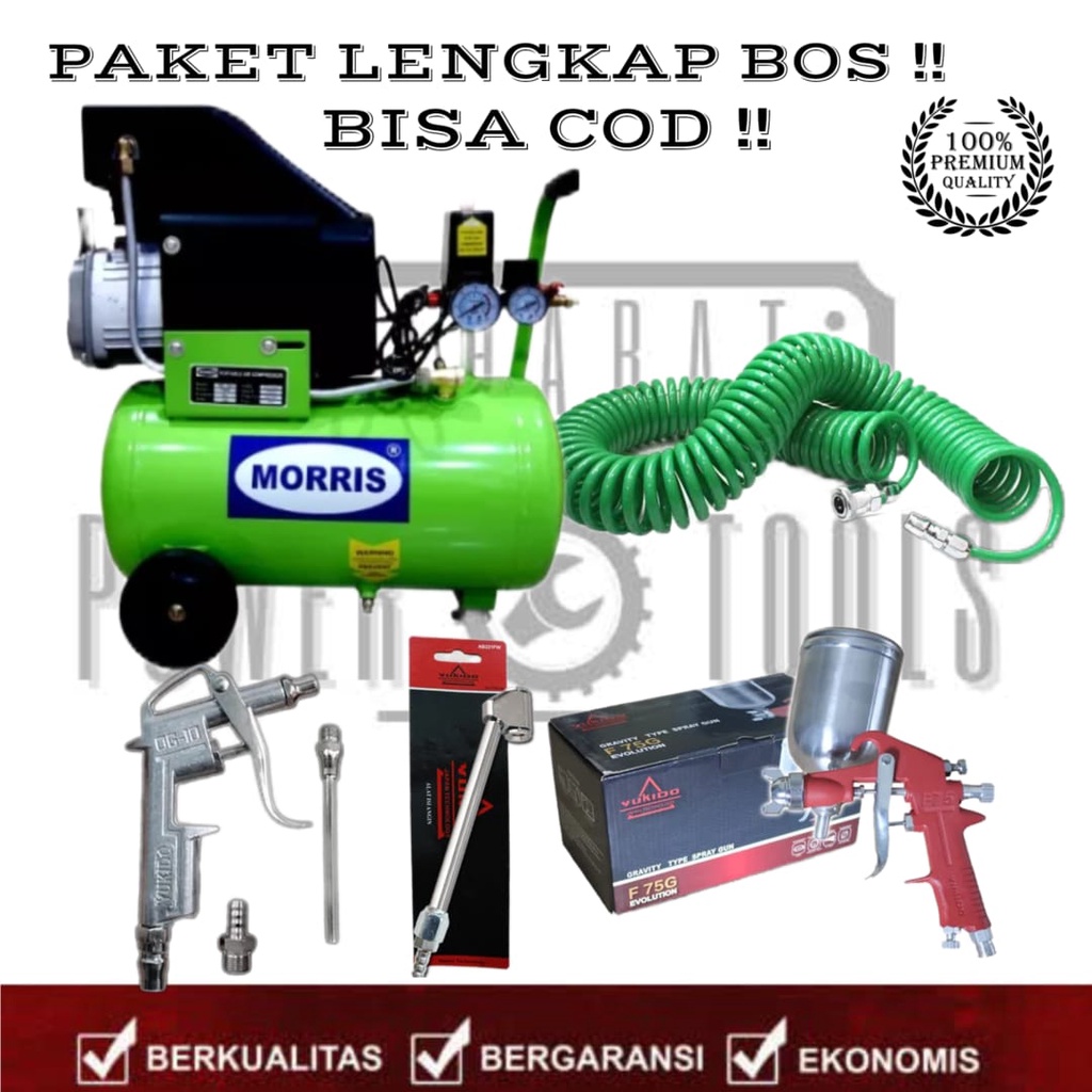 BERGARANSI BISA COD!! PAKET kompresor angin listrik MORRIS 9 LITER  // Kompressor + YUKIDO spraygun F75 +slang paket 4.5mtr+YUKIDO air chucK +YUKIDO air duster + inflaktor TERMURAH!!