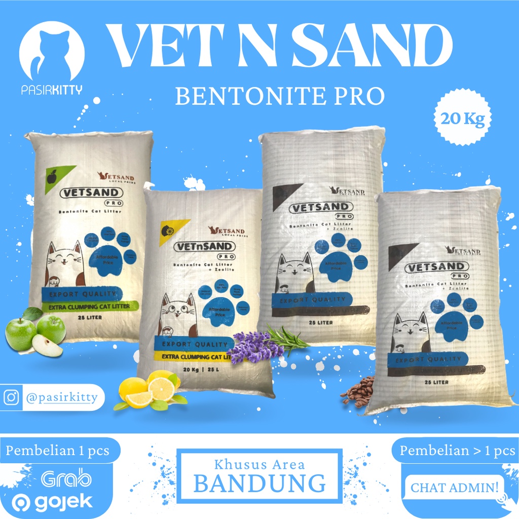 VETSAND PRO BENTONITE PASIR KUCING 20 LITER PASIR GUMPAL WANGI