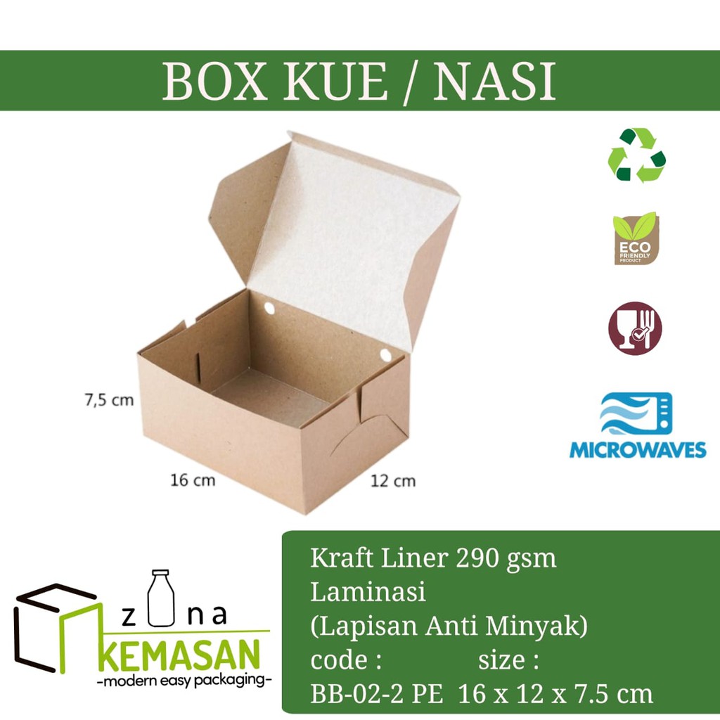 

KEMASAN BOX DUS KARDUS KOTAK MAKANAN NASI ROTI KUE SNACK 16x12x7,5 cm KRAFT 290 gsm LAMINASI