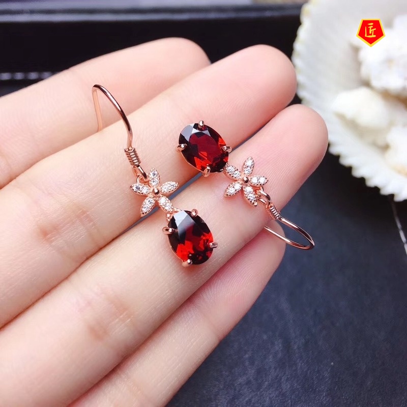 [Ready Stock]18K Rose Gold Garnet Flower Earrings