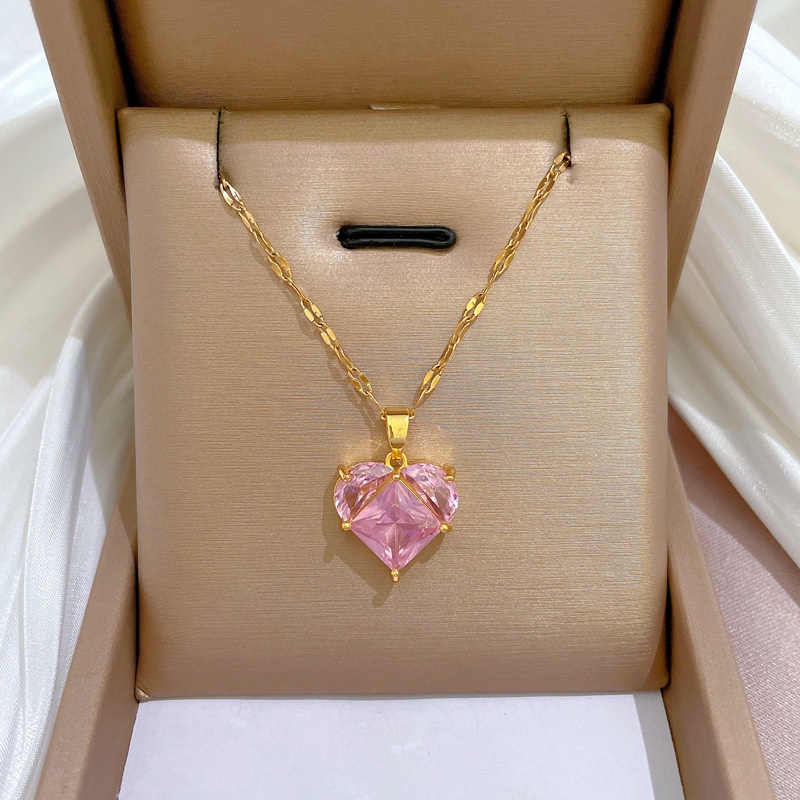 Kalung Rantai Emas 18K Dengan Liontin Hati Hias Kubik Zirkon Pink Hypoallergenic Untuk Wanita
