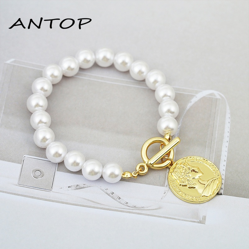 Kalung Rantai Dengan Liontin Koin Aksen Mutiara Imitasi Untuk Wanita ANTOP
