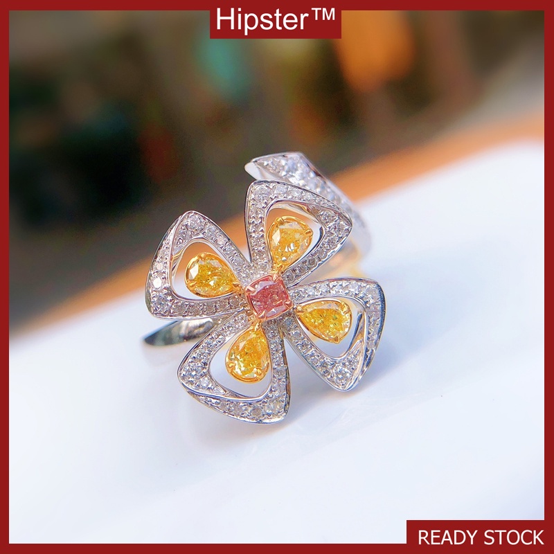 Luxury Fashion Yellow Diamond Four-Leaf Clover Pink Crystal Open Ring