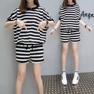 Setelan Kaos T shirt Garis  Putih Anak Perempuan Lengan 