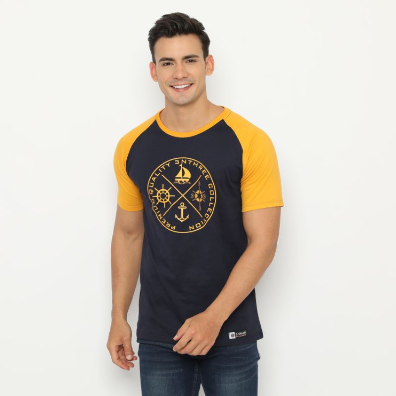 Kaos Raglan Pria Kombinasi navi Mustard Kaos Original Brand 3nthree