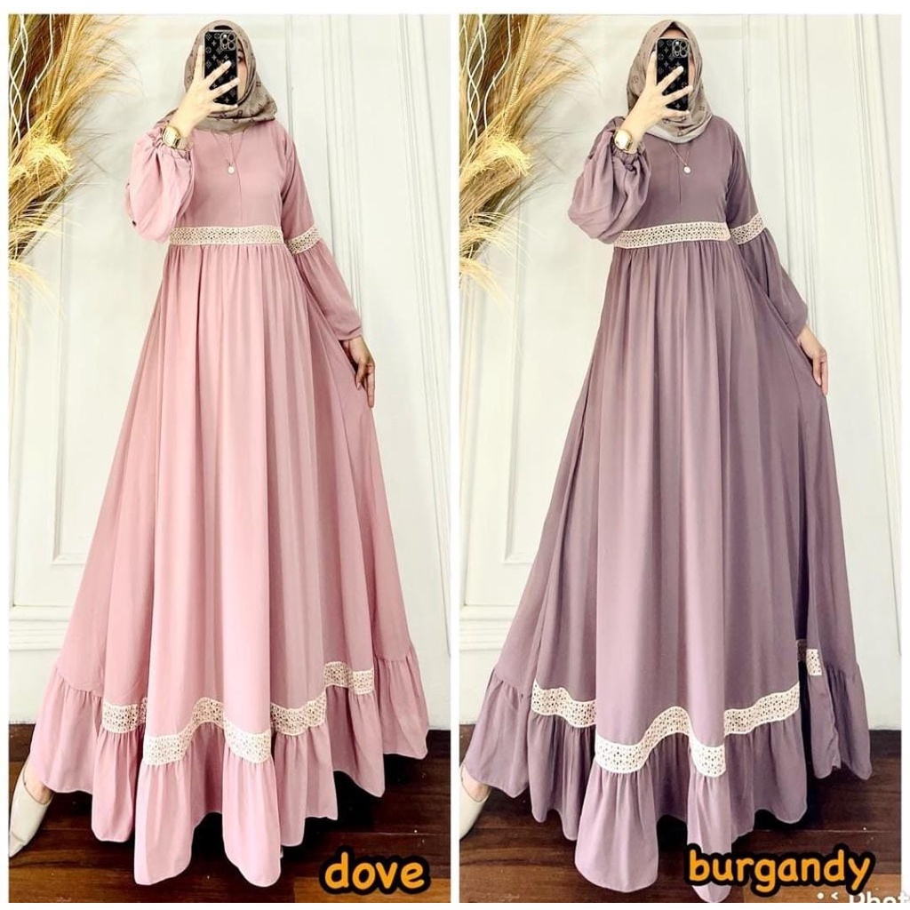 Gamis Ceruty/ Seruti Renda Full Puring ~ Gamis Syari ~ Ceruty Babydoll ~ Kombinasi RENDA Di Bagian L