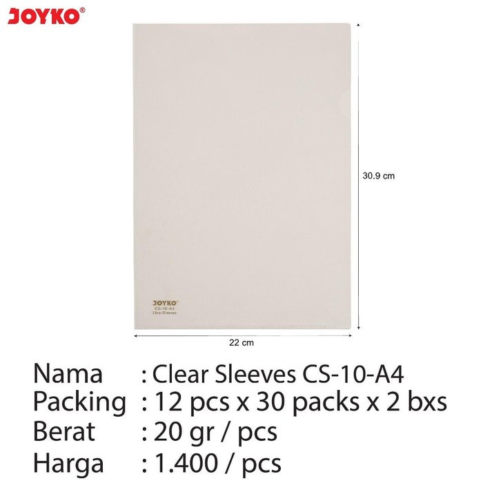 

Clear Sleeves / Map L Bening Transparan Joyko CS-10-A4