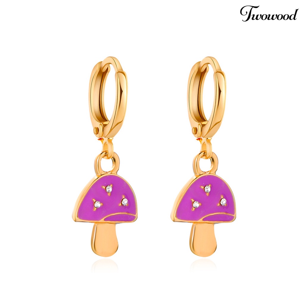 Twowood 1 Pair Mushroom Shape Rhinestone Drop Earrings Alloy Piercing Bright Color Clip Earrings Jewelry Accessory