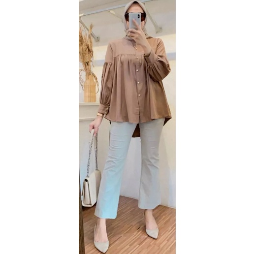 Baju Atasan Terbaru 2022 Alesha Blouse Matt.Katun Rayon Premium Atasan Blouse Wanita Kekinian Atasan Lengan Panjang Kancing Hidup Warna Army Lemon Skin Blue-Moca