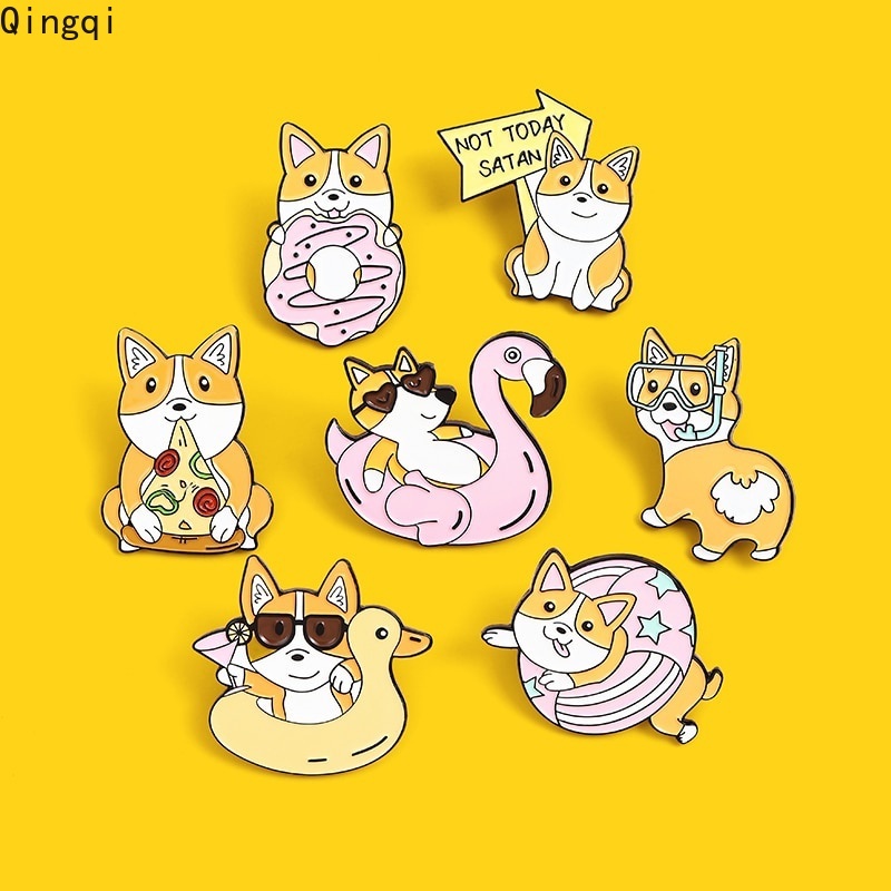 Bros Pin Enamel Bentuk Kartun Anjing Corgi Pizza Donat Untuk Hadiah