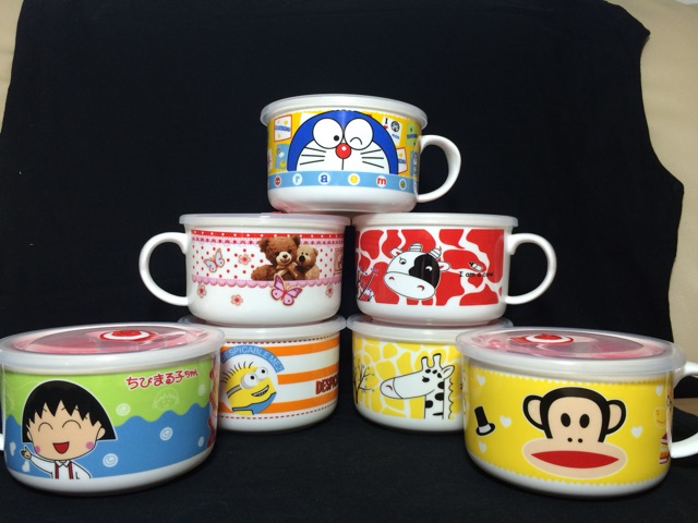 mug mangkok keramik  karakter lucu doraemon minion tempat bakso dan mie tutup srikon