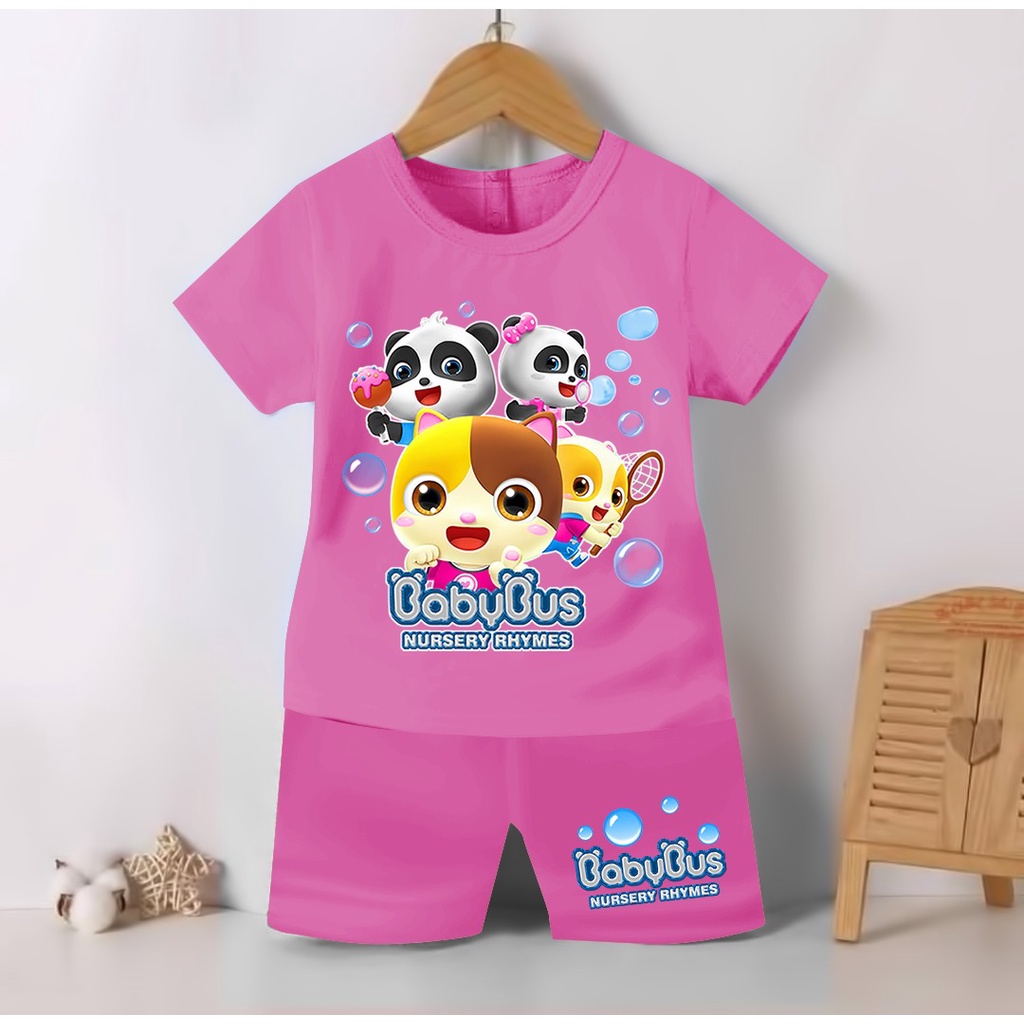 SETELAN BAJU ANAK COWO DAN CEWE MOTIF BABY BUS AND FRIEND  / SETELAN KAOS ANAK COWO DAN CEWE GAMBAR BABYBUS KIKI DAN MIU 1-7 TAHUN ( ASHERKIDS )-PINK