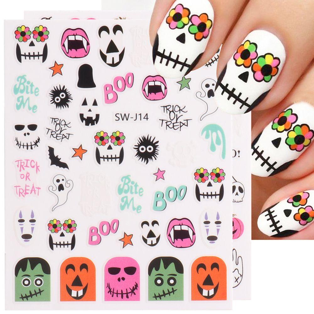 AUGUSTINA Agustina Halloween Stiker Kuku Hantu Kartun DIY Perekat Diri Aksesoris Manicure Skeleton Nail Tips Decal