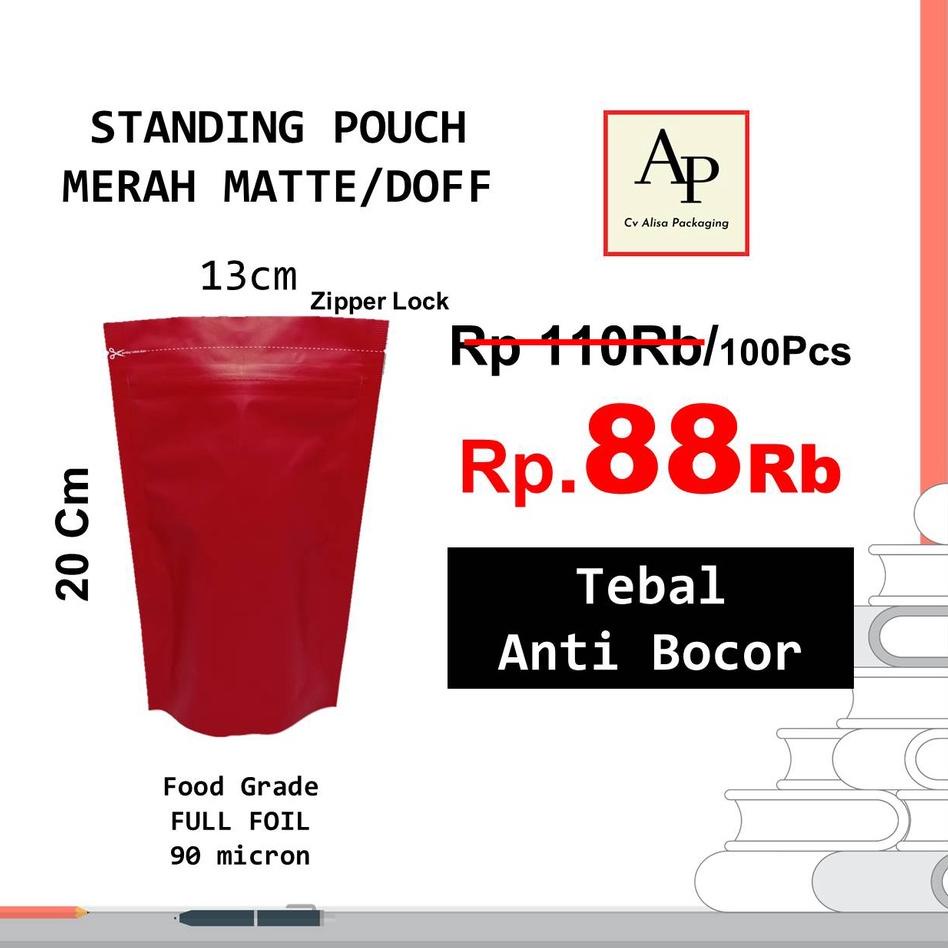 Pasti Diskon Standing Pouch Alumunium Foil Warna Merah 13X20 Kemasan Plastik Klip Aluminium Foil Food Grade Ziplock Kantong Kopi Snack Bukan Kpack