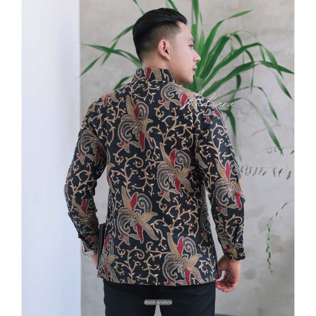 Cabe Hitam Kemeja Batik Pria Lengan Panjang Modern Jumbo Kasual Slim Fit