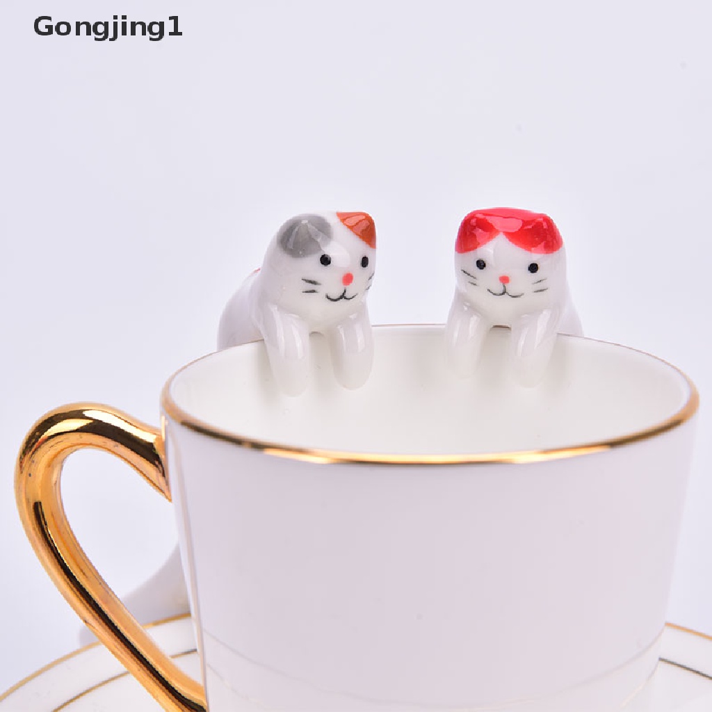 Gongjing1 1pc Sendok Teh / Kopi / Dessert Bahan Keramik Desain Kucing Kartun