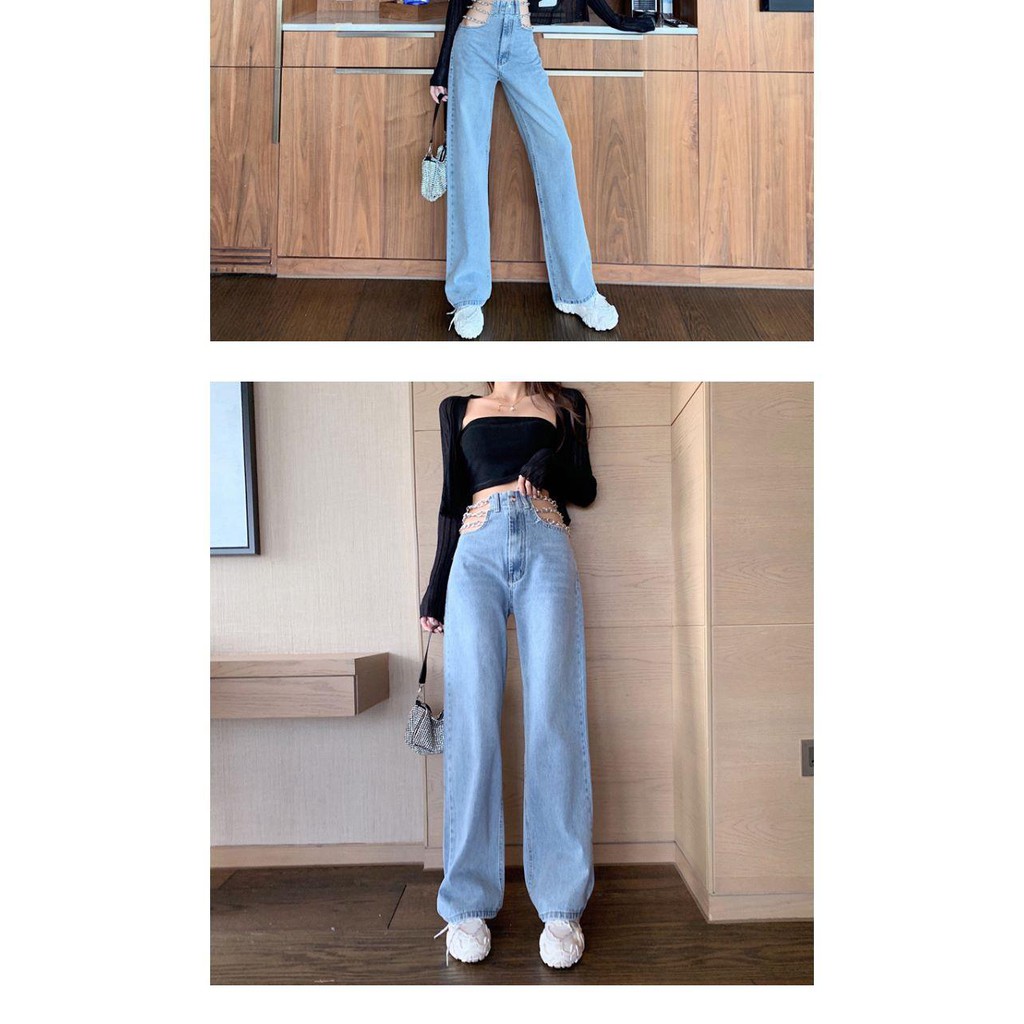 Suhao rantai desain high-waist meninju celana panjang seksi lurus celana jeans wanita musim panas Korea versi Spice Girl celana lebar