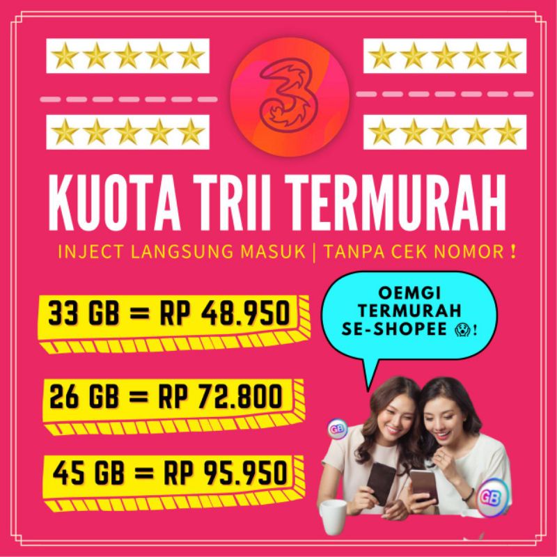 Paket Data Tri Kuota Happy Full 24 Jam 30 Hari 3GB 4GB 7GB 11GB 14GB 18GB 30GB 42GB 55GB 100GB