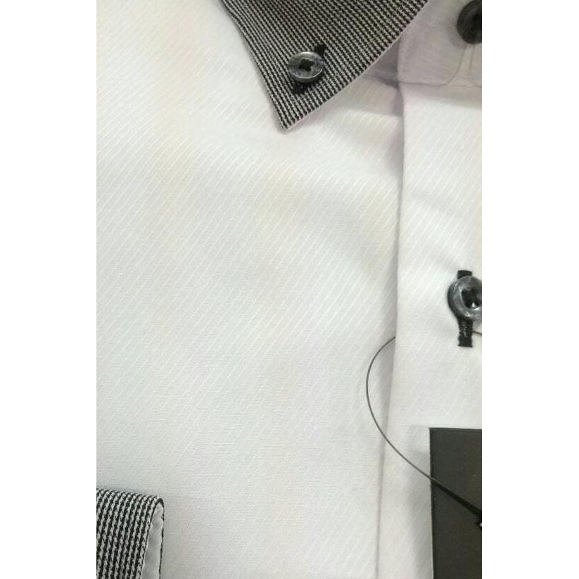 Fashion Pria - Kemeja Pria Alisan Putih Dobby Diagonal Panjang Slimft Kombinasi Abu