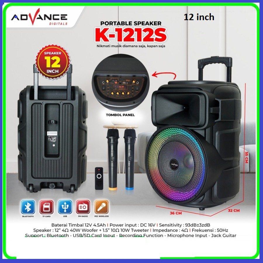 SPEAKER PORTABLE BLUETOOTH ADVANCE K1212S - 12 inch Free Mic 2 BH WERELES