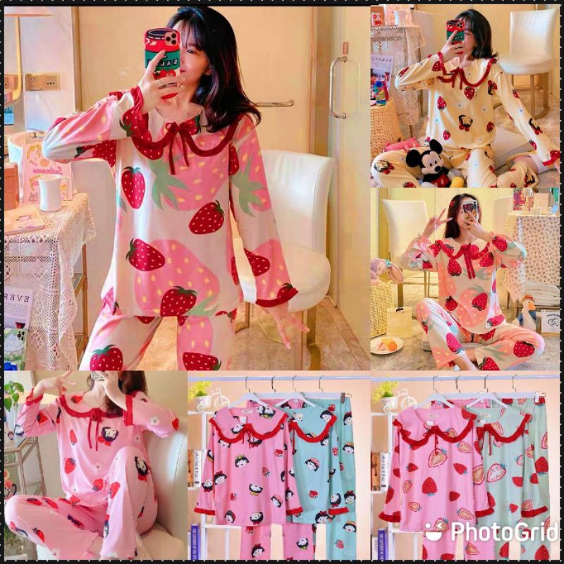 Baju Tidur Wanita Dewasa Kerah Lengan Panjang Bahan Kaos Tebal Import Motif Animasi dan Buah