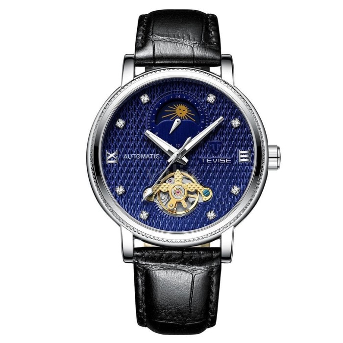 Jam Tangan Mekanik Automatic Tevise Tourbillon Fase Bulan Klasik Blue