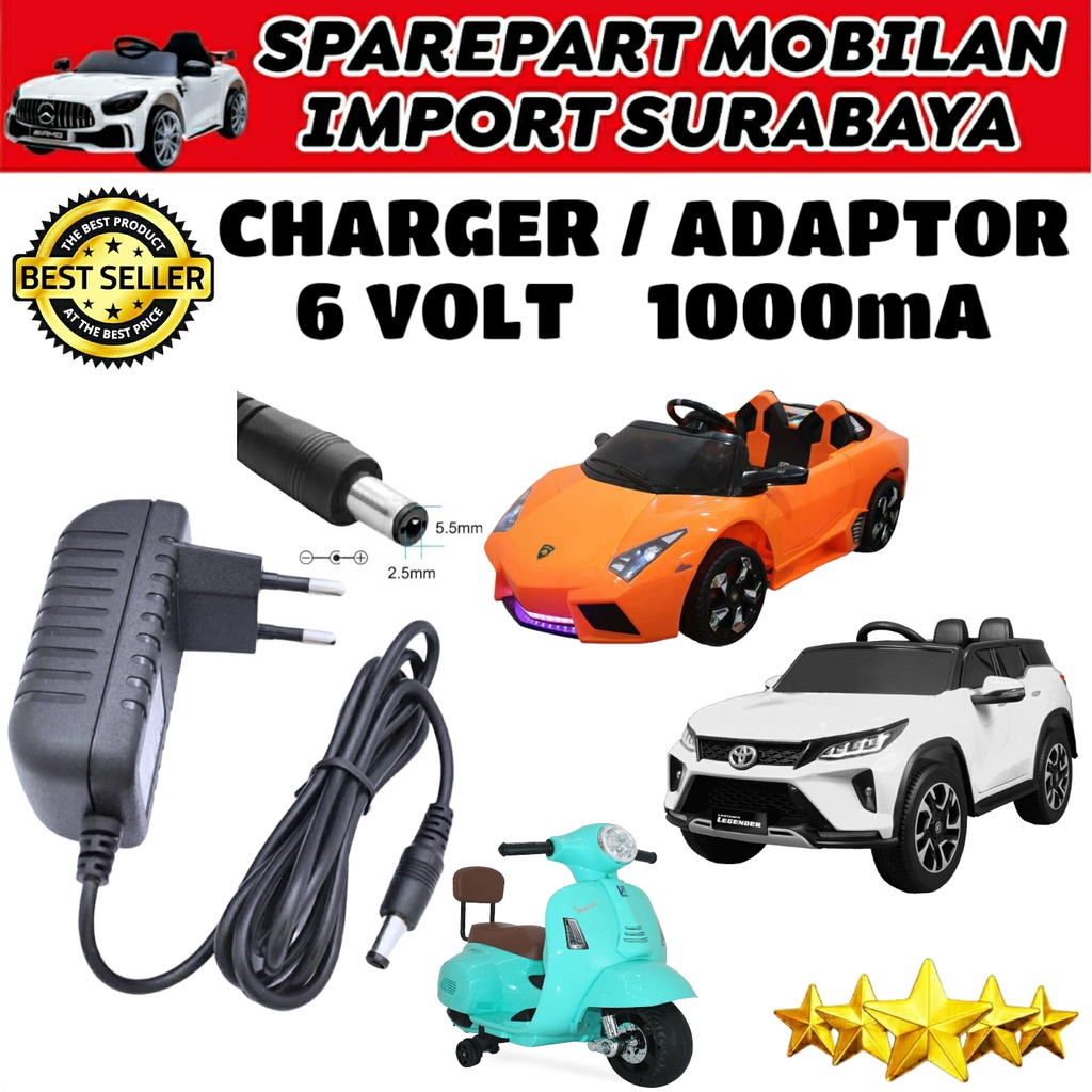 NEW ADAPTOR POWER 6 VOLT 1000 MA MOBIL MAINAN ANAK CHARGER 6V 1AH PMB PLIKO VESPA YOTTA PCX