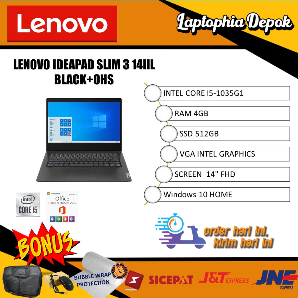 LAPTOP MURAH LENOVO IDEAPAD SLIM 3 14IIL 1035G1 4GB RAM 512GB SSD BUSINESS BLACK OHS