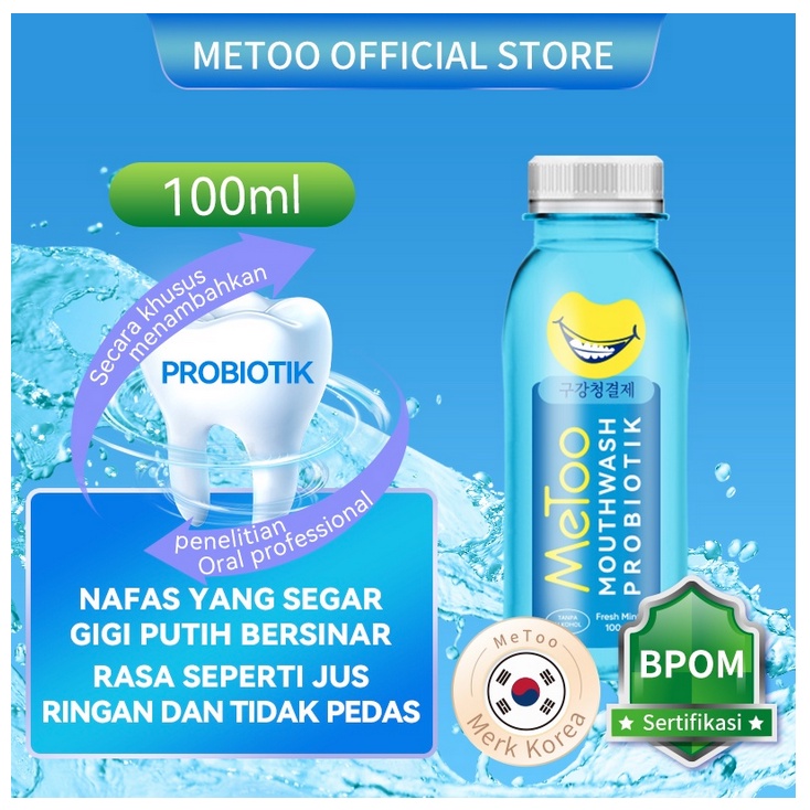 B79-B81 FREE MASKER METOO mouthwash probiotik obat kumur gigi mulut kesegaran plak karang kotoran murah bpom fresh mint no alcohol tidak ada alkohol tanpa rasa jus tidak perih nafas segar bau putih bersih gusi oral bakteri kesehatan sehat sachet