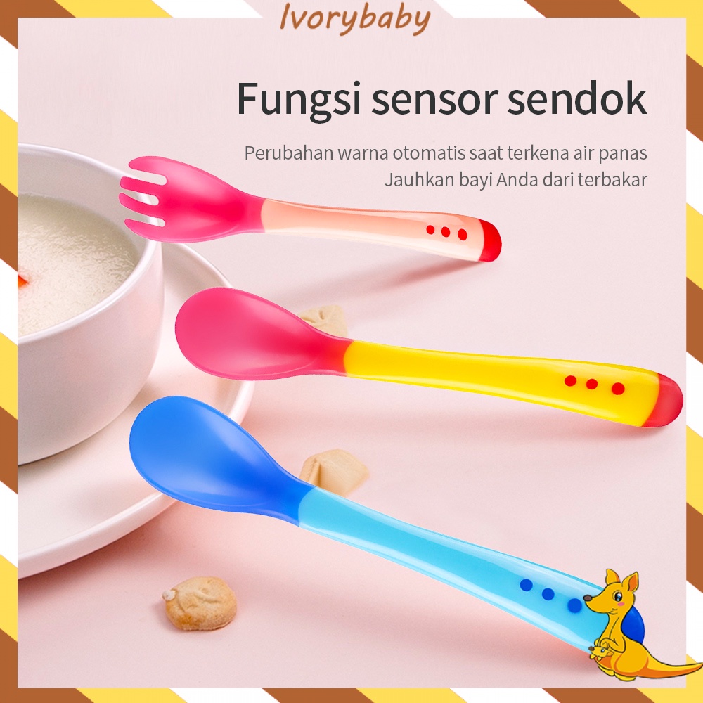 Ivorybaby Alat makan sendok/garpu bayi sensor panas sendok plastik bayi